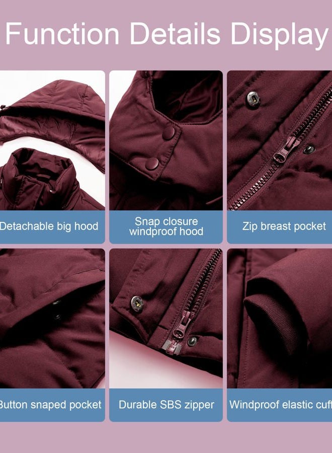 Pursky Women's Warm Winter Thicken Coat Waterproof Cropped Jackets Parka With Removable Hood, Burgundy, Large - Image 5