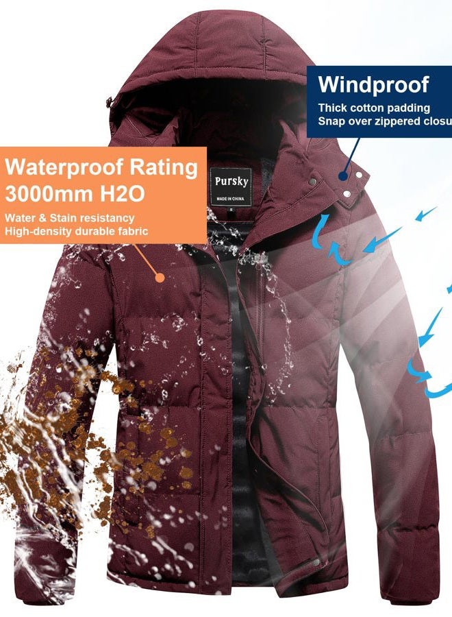 Pursky Women's Warm Winter Thicken Coat Waterproof Cropped Jackets Parka With Removable Hood, Burgundy, Large - Image 4