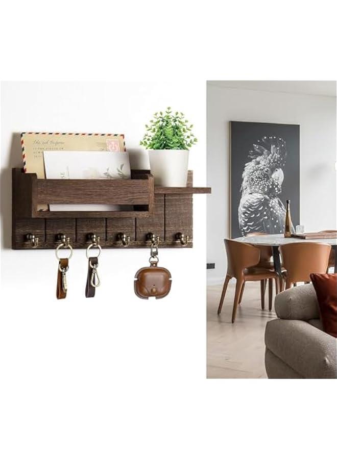 HOOKOR Key and Mail Holder For Wall, Mail Organizer Wall Mount with 6 Hooks and Storage Drawer, Wooden Key Hanger with Shelf for Living Room Decor, Easy Installation Key Rack ﻿ (Brown) - Image 2