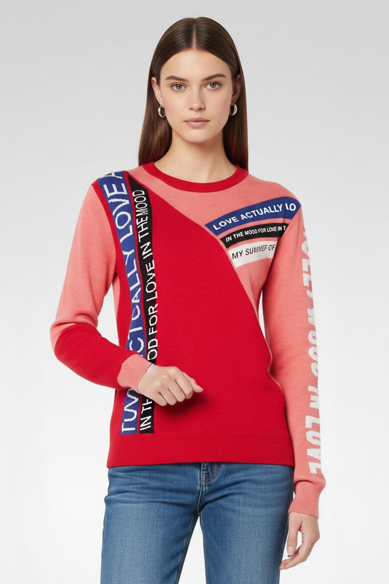 PINKO Women Crew Neck Graphic Print Sweater, Red - Image 1