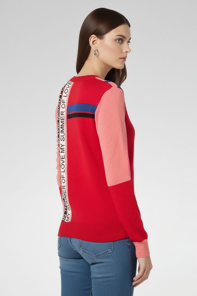 PINKO Women Crew Neck Graphic Print Sweater, Red - Image 3