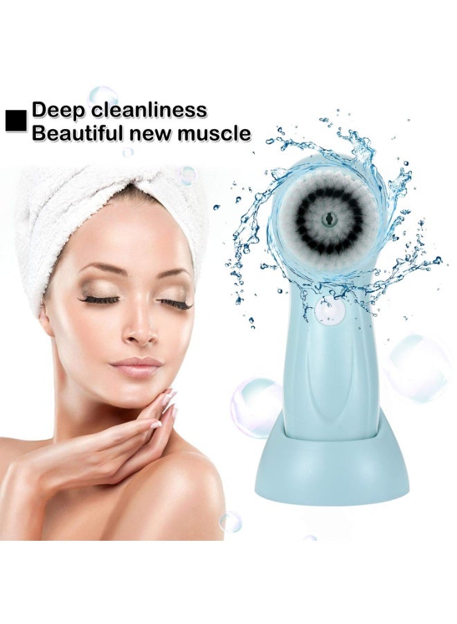 فرشاة تنظيف الوجه القابلة لإعادة الشحن للماء الكهربائية الدوارة فرك الوجه ، 3 رؤساء فرشاة ، 2 سرعة دوران - تنظيف عميق ، ومناسبة لجميع أنواع البشرة لطيف تقشير ، الأزرق - Image 4