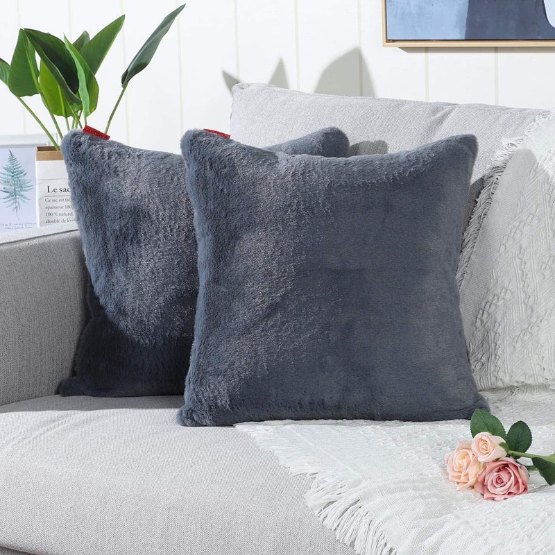 MANDIOO Pack of 2 Grey Faux Soft Fur Fuzzy Cozy Decorative Throw Pillow Covers Set Cushion Cases Pillowcases for Sofa Bedroom Car 20x20 Inches
