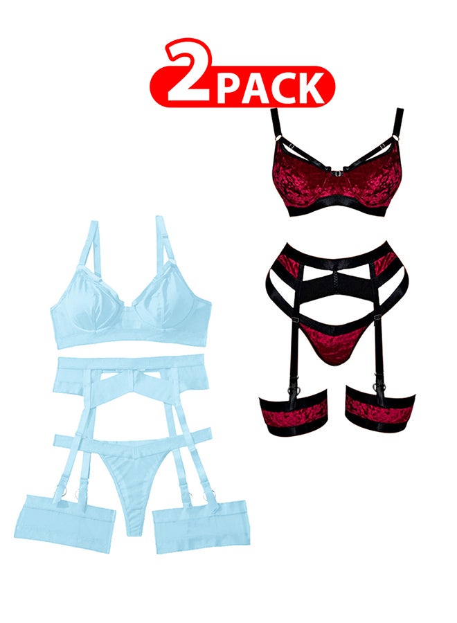 MARGOUN 2 Pack Medium Size Women Sheer Mesh Garter Lingerie Set Strappy Teddy Babydoll Bra and Panty with Leg Ring 4 Piece Lingerie Set - Image 1