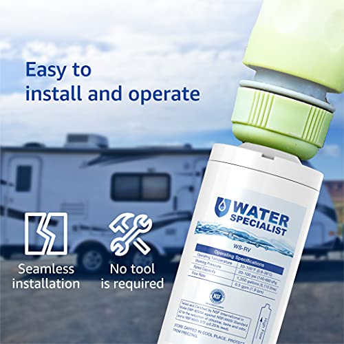 Waterspecialist فلتر مياه واتر سبيشاليست RV المتصل، معتمد من NSF، يقلل من الكلور، والطعم السيئ والرائحة، والصدأ، والتآكل، والرواسب، والعكارة، مخصص لـ RVs، عبوة واحدة من فلتر المياه مع واقي الخرطوم - Image 4