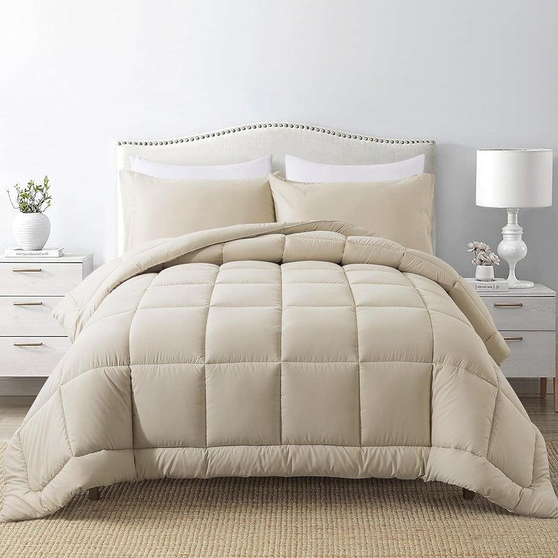 DOWNCOOL King Size Comforter Set -All Season Bedding Comforters Sets with 2 Pillow Cases -3 Pieces Bed Set Down Alternative King Bedding Set -Beige King Comforter Set(102"x90") - Image 1