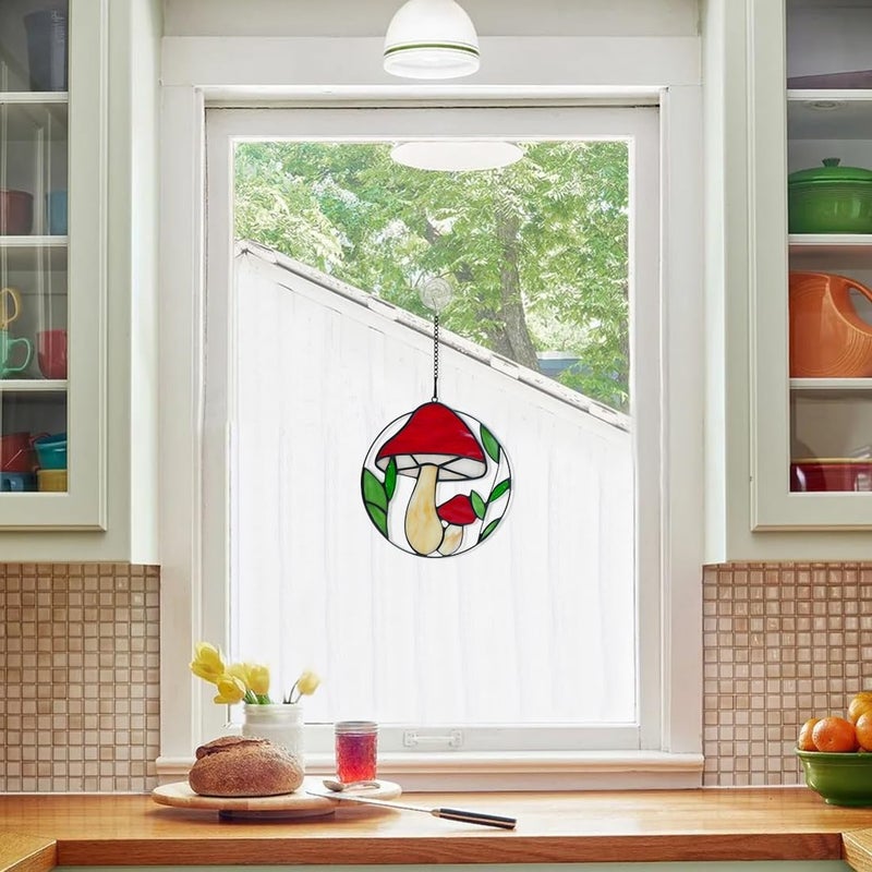 BOXCASA Mushroom Decorations Stained Glass Window Hanging,Red Mushroom Decor Stained Glass Suncatcher for Window Bedroom Livingroom,Mtshroom Party Decorations Nature Decor Potted Plant Decor - Image 4