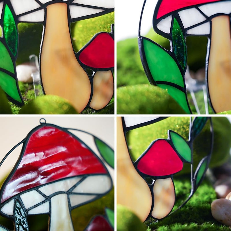 BOXCASA Mushroom Decorations Stained Glass Window Hanging,Red Mushroom Decor Stained Glass Suncatcher for Window Bedroom Livingroom,Mtshroom Party Decorations Nature Decor Potted Plant Decor - Image 3