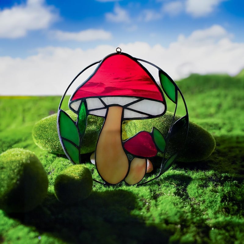 BOXCASA Mushroom Decorations Stained Glass Window Hanging,Red Mushroom Decor Stained Glass Suncatcher for Window Bedroom Livingroom,Mtshroom Party Decorations Nature Decor Potted Plant Decor - Image 2
