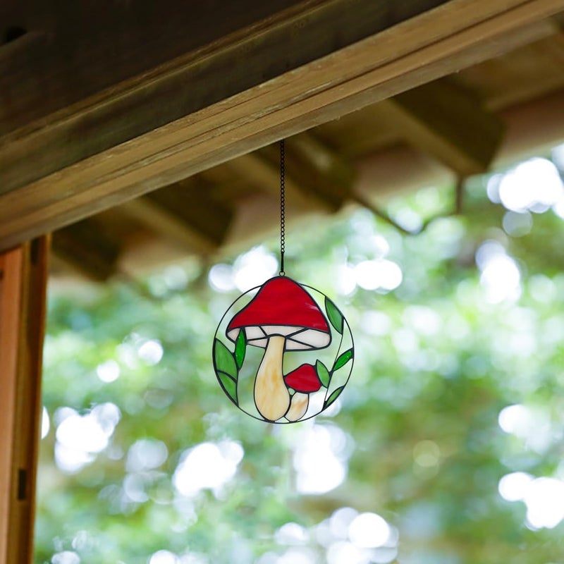 BOXCASA Mushroom Decorations Stained Glass Window Hanging,Red Mushroom Decor Stained Glass Suncatcher for Window Bedroom Livingroom,Mtshroom Party Decorations Nature Decor Potted Plant Decor - Image 5