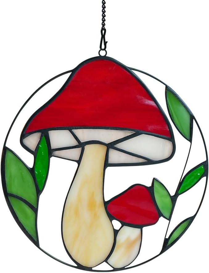 BOXCASA Mushroom Decorations Stained Glass Window Hanging,Red Mushroom Decor Stained Glass Suncatcher for Window Bedroom Livingroom,Mtshroom Party Decorations Nature Decor Potted Plant Decor - Image 1