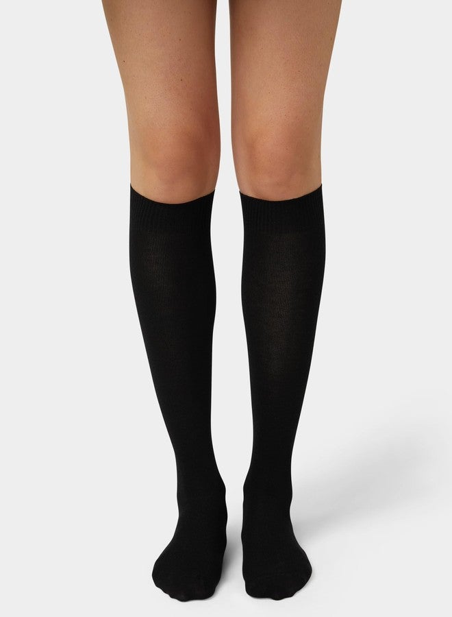 HUE جوارب نسائية من Hue، محبوكة مسطحة، تصل إلى الركبة، لون أسود جديد، مقاس أمريكي واحد، عبوة من 3 جوارب - Image 2