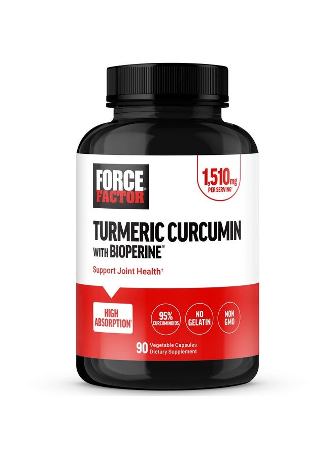 FORCE FACTOR Turmeric Curcumin Supplement with Black Pepper, Joint Support Supplement with BioPerine for Enhanced Absorption, No Gelatin, Non-GMO, 90 Capsules - Image 1