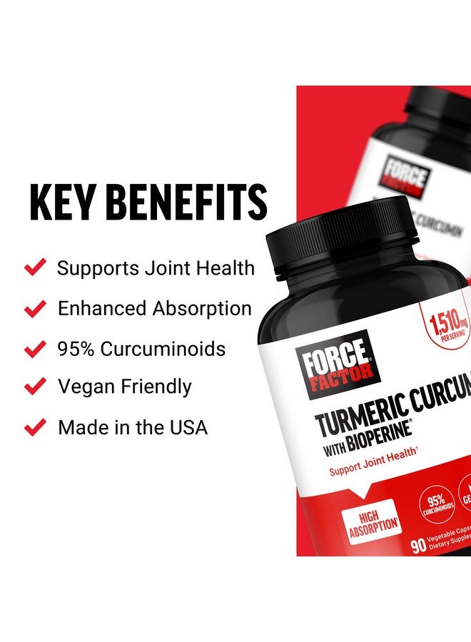 FORCE FACTOR Turmeric Curcumin Supplement with Black Pepper, Joint Support Supplement with BioPerine for Enhanced Absorption, No Gelatin, Non-GMO, 90 Capsules - Image 2