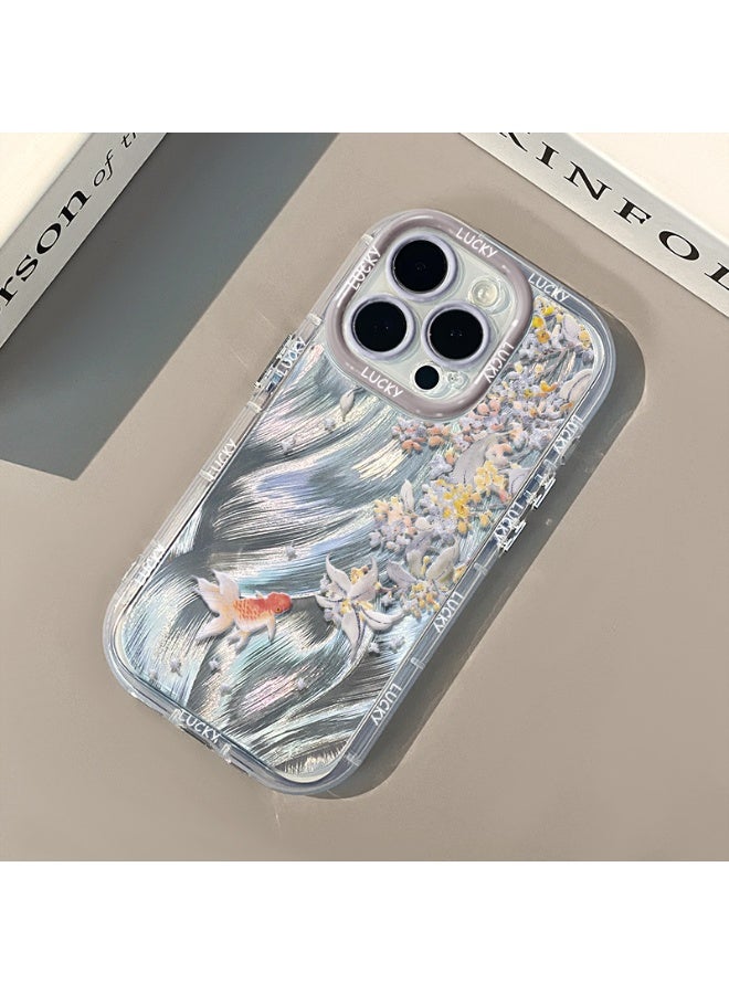 NIBEMINENT Protective TPU Case Cover For iPhone 16 Plus, Silver Flower Goldfish