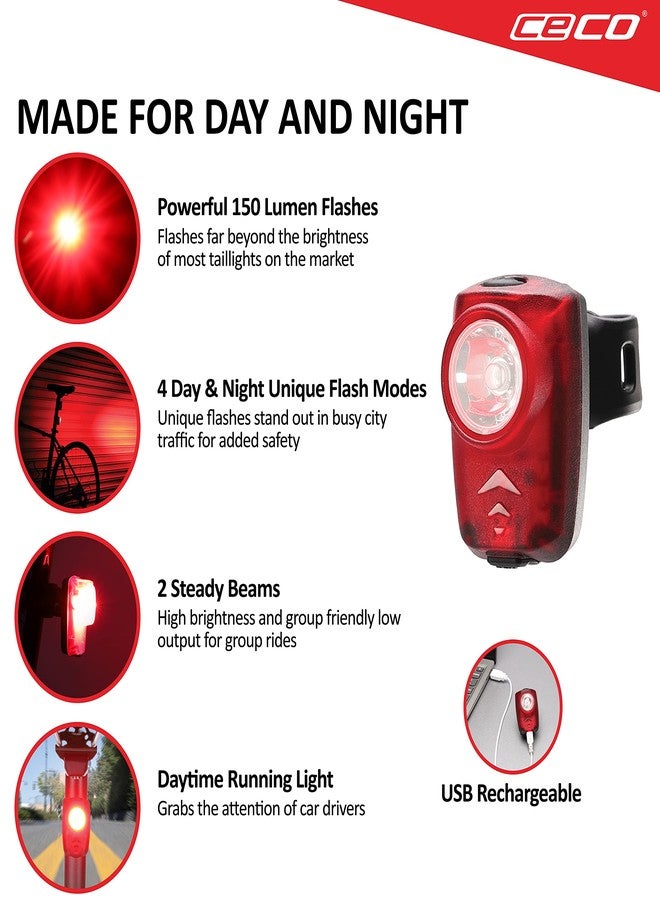 CECO-USA: 150 Lumen Super Bright USB Rechargeable Bike Tail Light - IP67 Waterproof, FL-1 Impact Resistant - Pro Grade Quality Bike Tail Light - Red Bicycle Back Light - Image 3