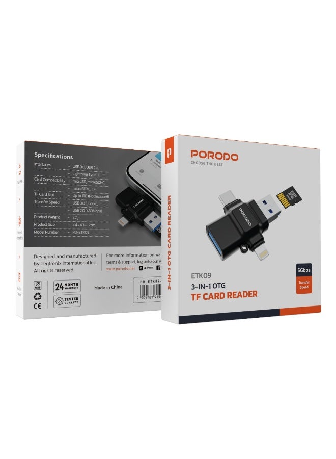 3-in-1 OTG Adapter & TF Card Reader /USB 3.0 / Lightning/ Type-C/USB 2.0/ Fast Data Transfer / Plug & Play / Multi-Interface OTG Adapter for Work, Travel, or Everyday Use - Black