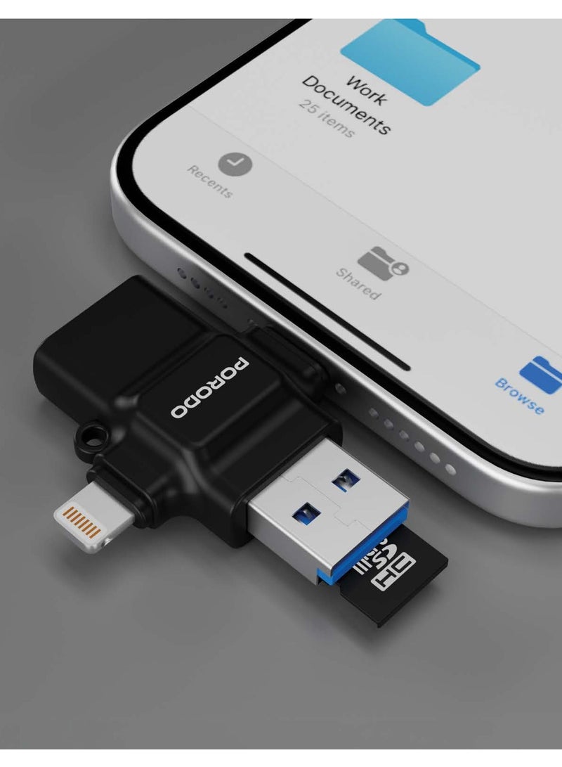 3-in-1 OTG Adapter & TF Card Reader /USB 3.0 / Lightning/ Type-C/USB 2.0/ Fast Data Transfer / Plug & Play / Multi-Interface OTG Adapter for Work, Travel, or Everyday Use - Black