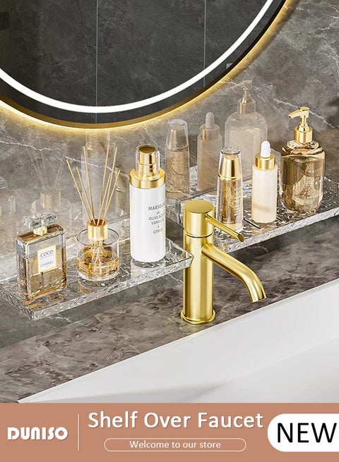 Acrylic Bathroom Shelf Over The Faucet, Plastic Over Sink Shelf Bathroom Wall Mounted, No dilling Bathroom Sink Shelf Over Faucet, Adhesive bathroom shelves for Bathroom Kitchen