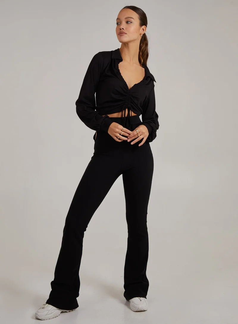 Pink Vanilla  Ribbed Ruched Long Sleeve Collared Shirt for Women | Best Price UAE