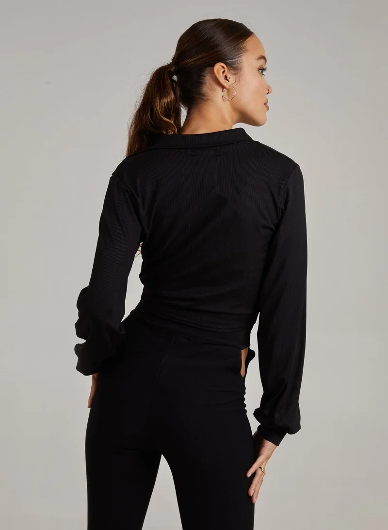 Pink Vanilla Ribbed Ruched Long Sleeve Collared Shirt