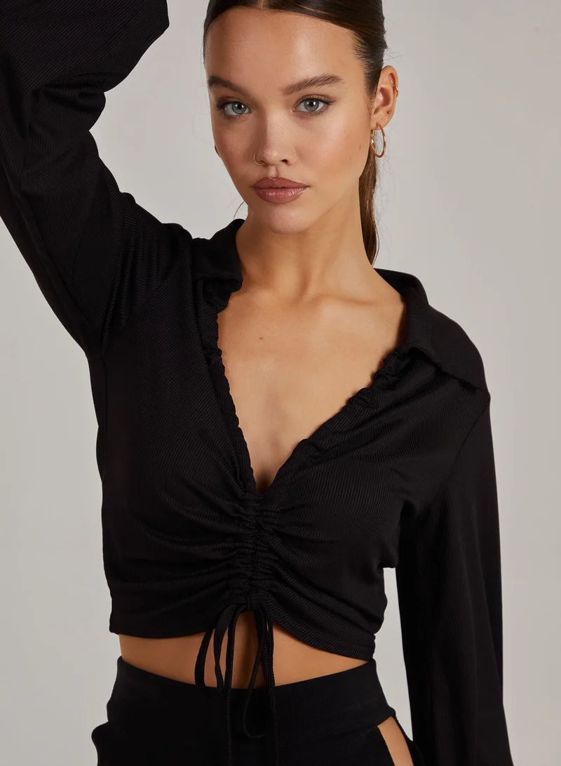 Pink Vanilla Ribbed Ruched Long Sleeve Collared Shirt