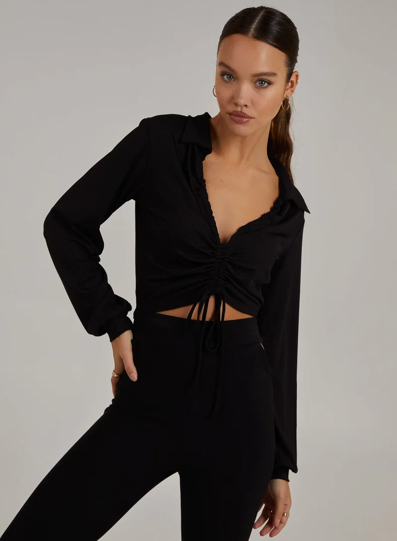 Pink Vanilla  Ribbed Ruched Long Sleeve Collared Shirt for Women | Best Price UAE