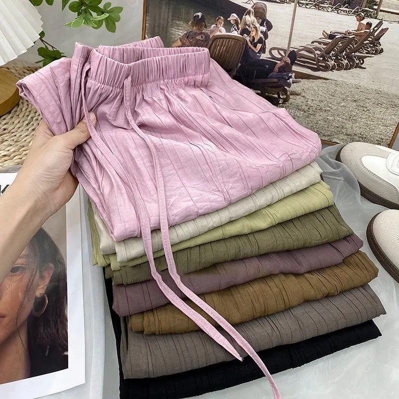 Vintage Tencel Textured Pleated Cool Ice Silk Wide-Leg Pants for Women, Loose Straight Slimming Draped Sun-Protective Casual Pants for Summer Black - Image 2