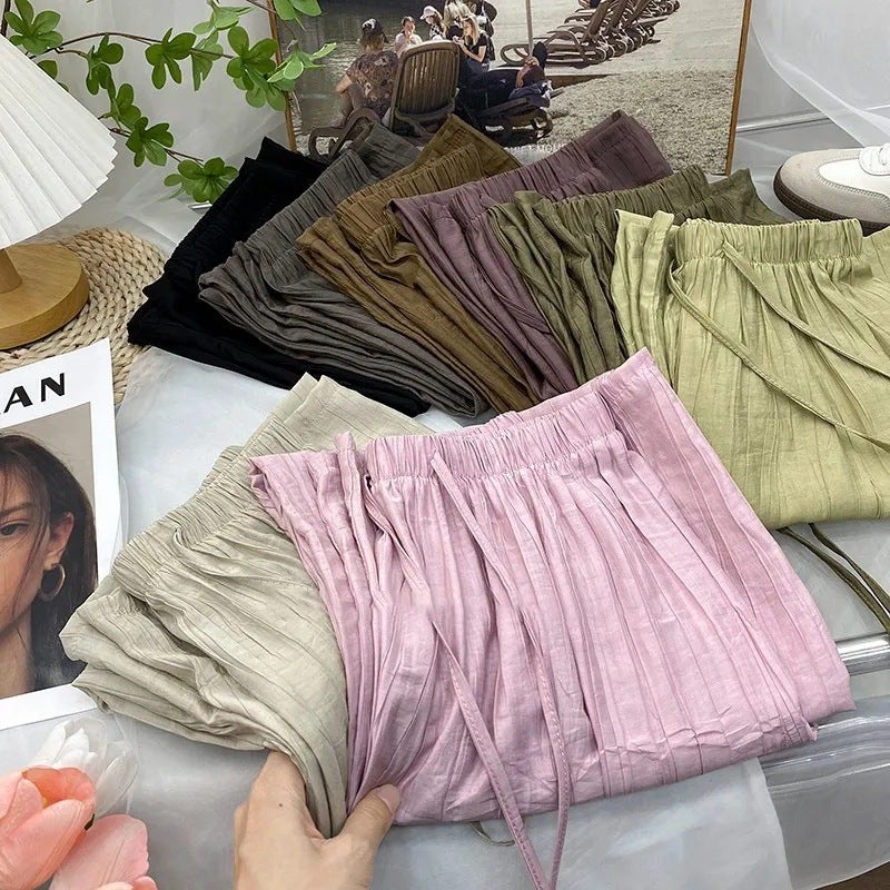 Vintage Tencel Textured Pleated Cool Ice Silk Wide-Leg Pants for Women, Loose Straight Slimming Draped Sun-Protective Casual Pants for Summer Black - Image 5