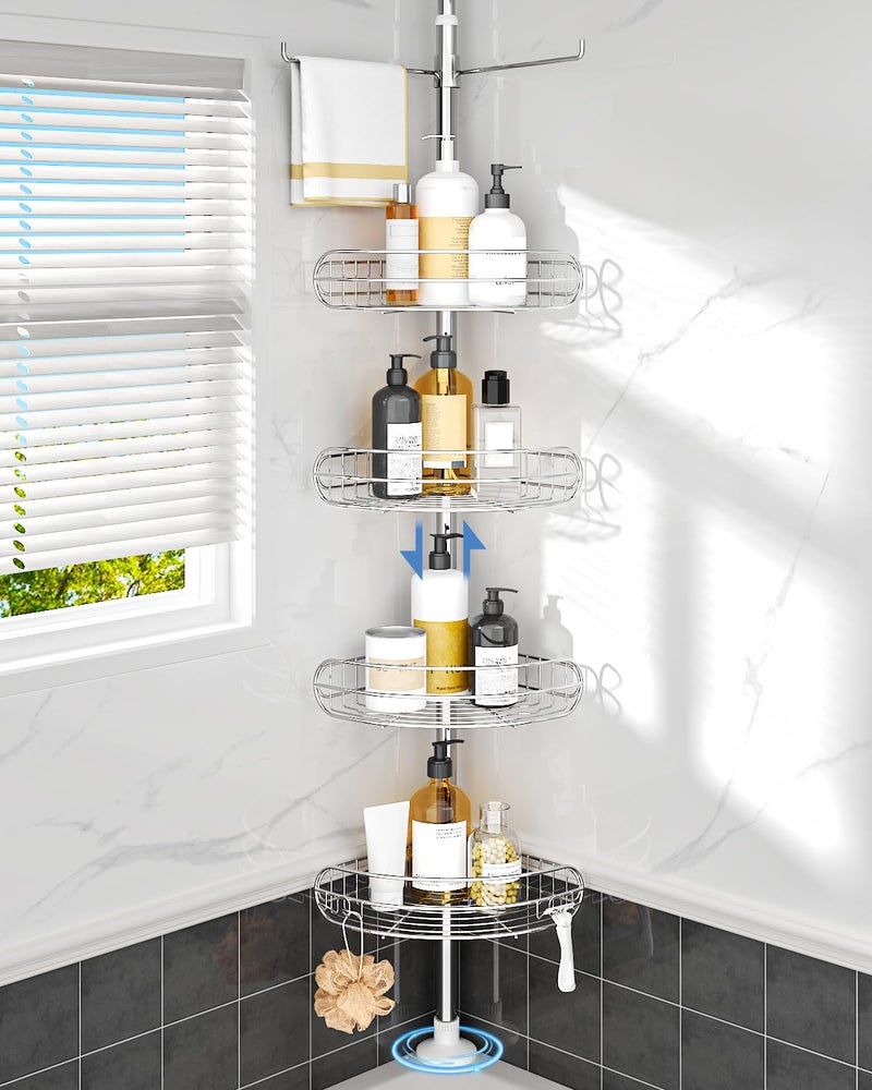 ALLZONE Corner Shower Caddy Tension Pole 4Tier Adjustable Shelves Rustproof Bathroom Shower Organizer Corner for Inside Shower Storage Tension Mounted 56 to 113 Inch Height Sliver