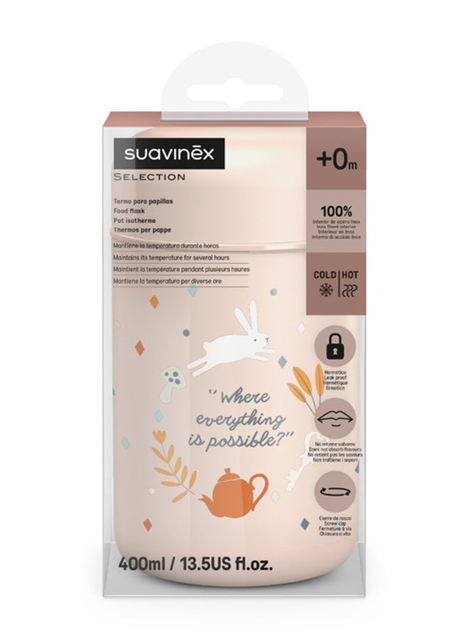 SUAVINEX ترمس طعام الأطفال للأطعمة الساخنة والباردة 100% من الفولاذ المقاوم للصدأ مع غطاء محكم للسفر زجاجة وحافظة طعام للأطفال 0M+ 400 مل وردي - Image 3