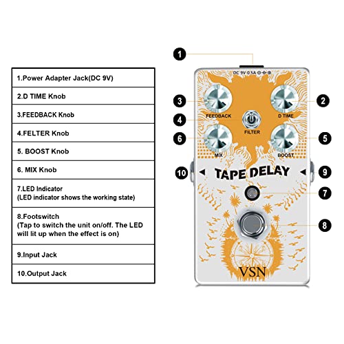 VSN Analog Tape Delay Pedal with Stereo Delay Effects and Reverb Boost, True Bypass - Image 5