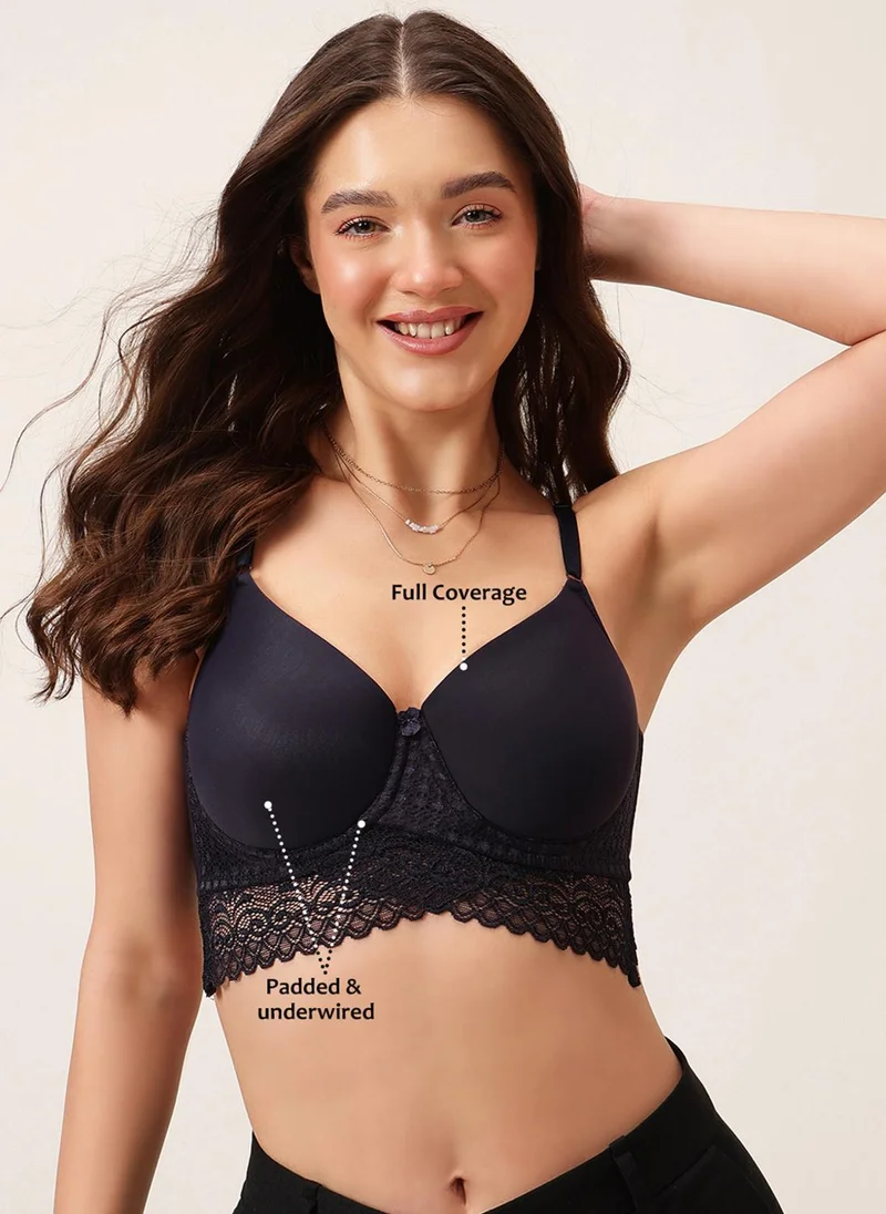 كلوفيا Clovia Padded Underwired Full Coverage Longline Bralette in Navy