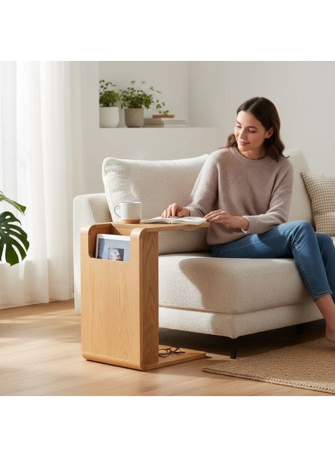 Slide C Shaped Side Table with Storage – Solid Wood Sofa Table for Living Room, Bedside and Laptop Use – Space Saving Modern Design (Light Brown) - Image 1