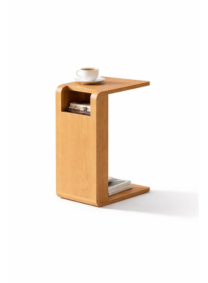 Slide C Shaped Side Table with Storage – Solid Wood Sofa Table for Living Room, Bedside and Laptop Use – Space Saving Modern Design (Light Brown) - Image 3