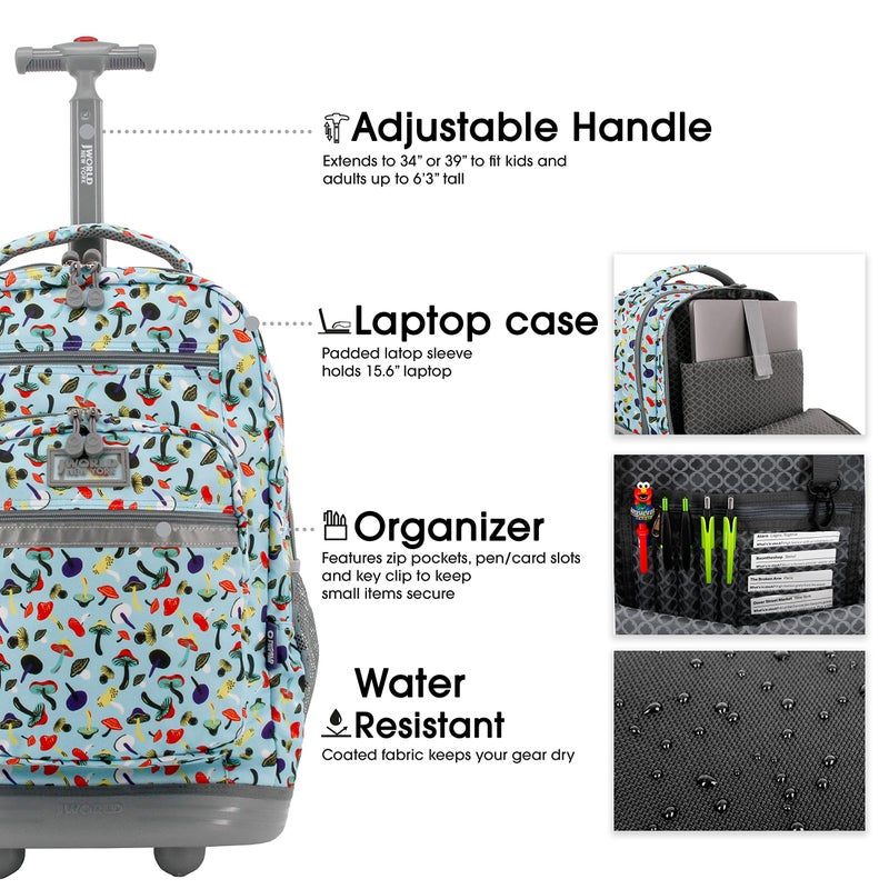 J World New York J World Sundance Laptop Rolling Backpack for Girls Boys. Roller Bookbag with Wheels, Skyshroom - Image 5