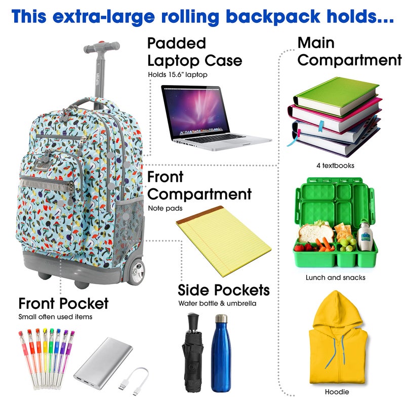 J World New York J World Sundance Laptop Rolling Backpack for Girls Boys. Roller Bookbag with Wheels, Skyshroom - Image 3