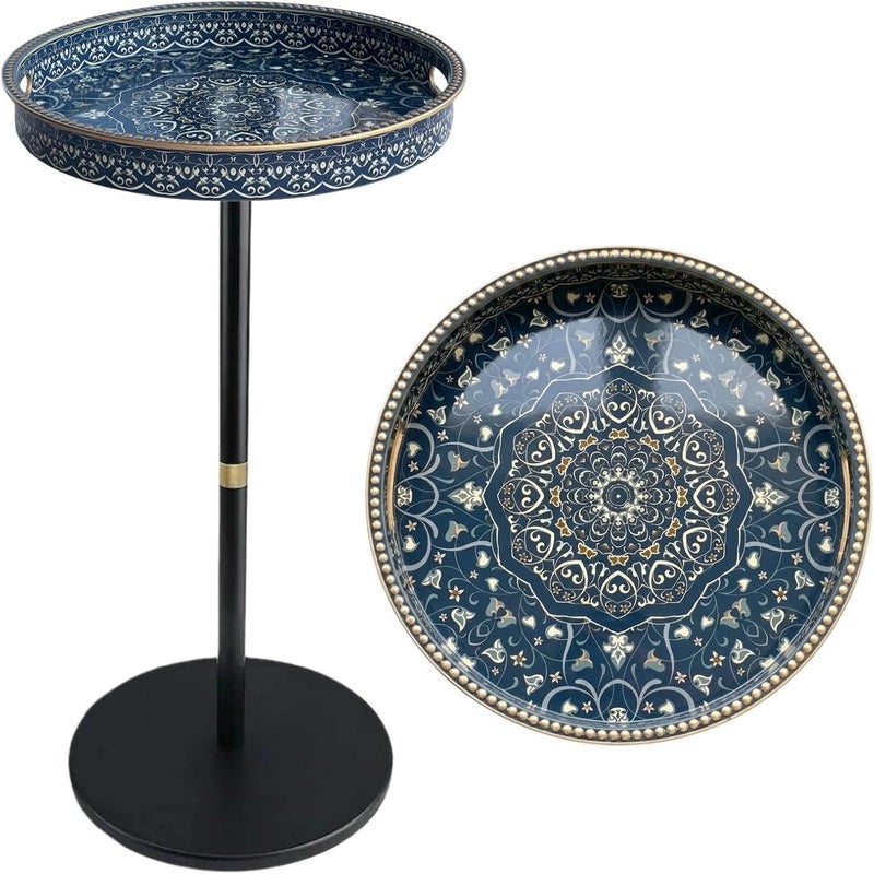 Simmer Stone Boho Round Side Table With Tray Top, Pedestal Drink Table for Small Spaces, Aesthetic Accent Nightstand for Living Room, Bedroom, Corners, and Office (Blue Maze) - Image 1
