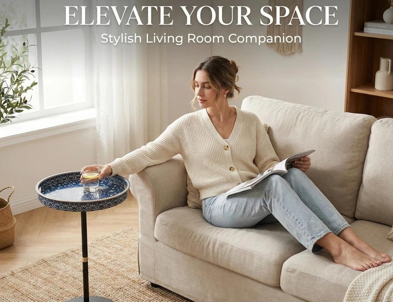 Simmer Stone Boho Round Side Table With Tray Top, Pedestal Drink Table for Small Spaces, Aesthetic Accent Nightstand for Living Room, Bedroom, Corners, and Office (Blue Maze) - Image 4