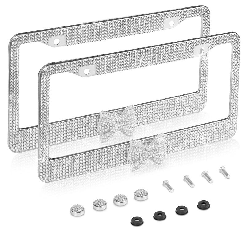 2 Pack Bling License Plate FrameHandcrafted Bling Rhinestone Premium Stainless Steel License Plate Frame14 Facets Clear Color Rhinestone Crystal SilverSilverBow