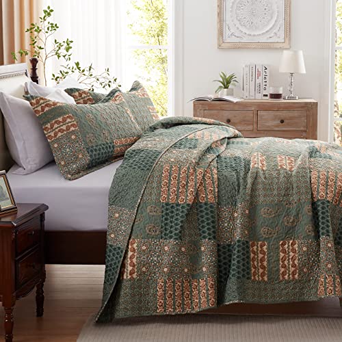 LEAONME Quilt Set King Size 3 Piece Bedspread Lightweight Microfiber Floral Paisley Olive Green, 98x106 Inch - Image 3