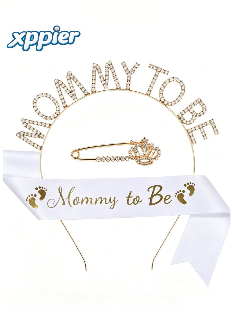 xppier Mommy to Be White Gold Girl Sash Kit, Sparkle Diamond Glitter Rose Gold Sash Decorations, Elegant Party Favor Gift for Girl Baby Shower, Pregnancy Announcement & Birthday Celebration - Image 1