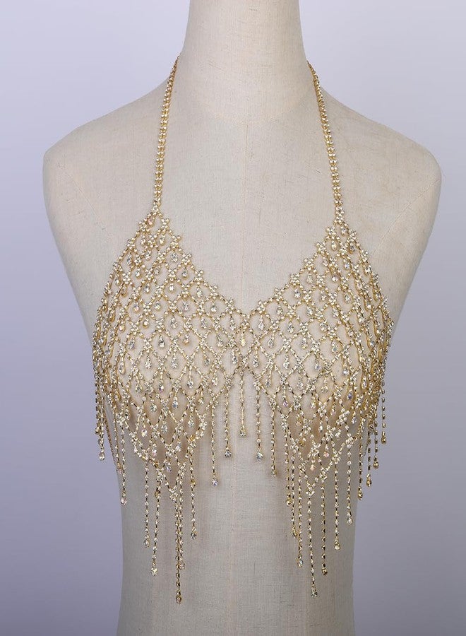 Wiwpar Boho Gold Crystal Mesh Layered Body Chain Chest Chain Sexy Rhinestone Harness Bra Tassel Chest Body Costume Rave Party Nightclub Festival Accessories for Women Bikini Bra Body Chains (Gold) - Image 3