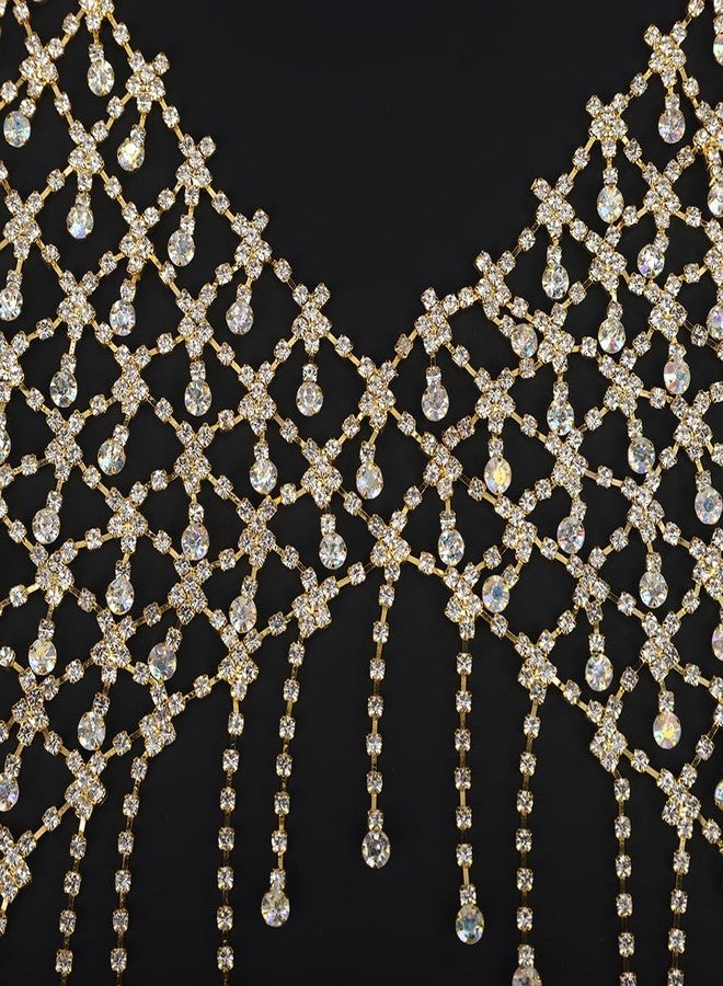 Wiwpar Boho Gold Crystal Mesh Layered Body Chain Chest Chain Sexy Rhinestone Harness Bra Tassel Chest Body Costume Rave Party Nightclub Festival Accessories for Women Bikini Bra Body Chains (Gold) - Image 5
