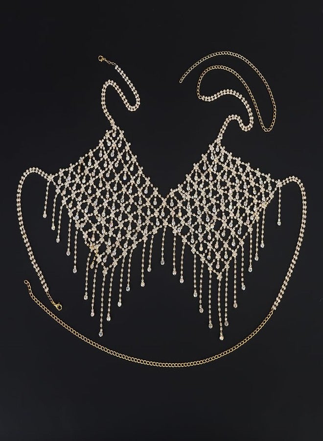 Wiwpar Boho Gold Crystal Mesh Layered Body Chain Chest Chain Sexy Rhinestone Harness Bra Tassel Chest Body Costume Rave Party Nightclub Festival Accessories for Women Bikini Bra Body Chains (Gold) - Image 4