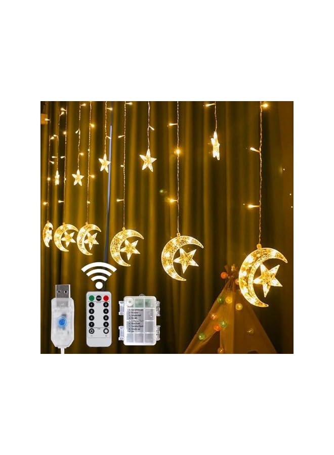 The Bros أضواء ستارة رمضان على شكل نجوم وقمر 138 LED، أضواء ستارة نافذة، قابس USB مع جهاز تحكم عن بعد، 8 أوضاع إضاءة لعيد رمضان وعيد الميلاد وحفلات الزفاف والفناء والحديقة (أبيض دافئ) - Image 2