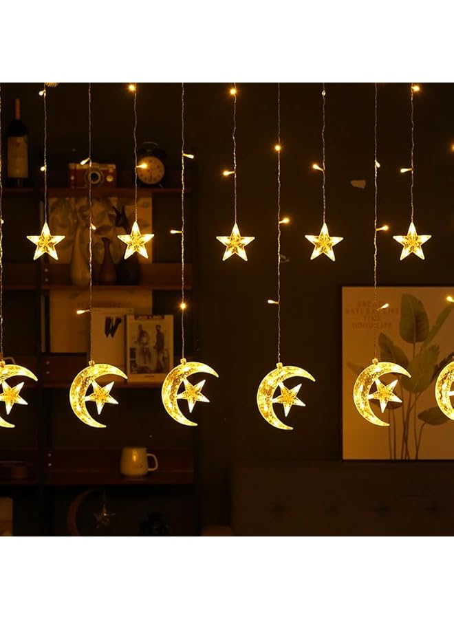 The Bros أضواء ستارة رمضان على شكل نجوم وقمر 138 LED، أضواء ستارة نافذة، قابس USB مع جهاز تحكم عن بعد، 8 أوضاع إضاءة لعيد رمضان وعيد الميلاد وحفلات الزفاف والفناء والحديقة (أبيض دافئ) - Image 5