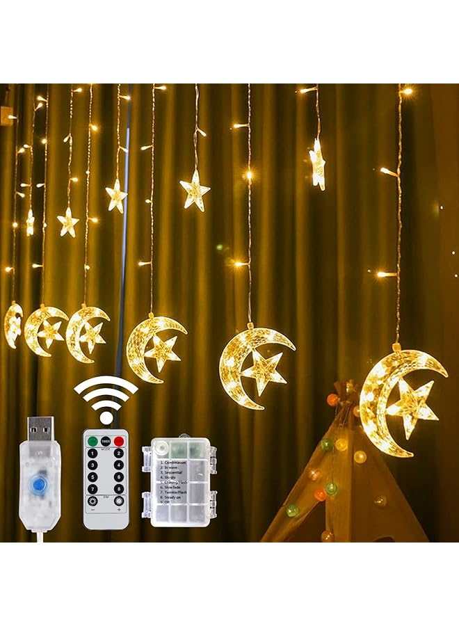 The Bros أضواء ستارة رمضان على شكل نجوم وقمر 138 LED، أضواء ستارة نافذة، قابس USB مع جهاز تحكم عن بعد، 8 أوضاع إضاءة لعيد رمضان وعيد الميلاد وحفلات الزفاف والفناء والحديقة (أبيض دافئ) - Image 1