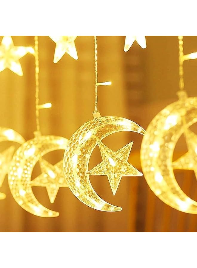 The Bros أضواء ستارة رمضان على شكل نجوم وقمر 138 LED، أضواء ستارة نافذة، قابس USB مع جهاز تحكم عن بعد، 8 أوضاع إضاءة لعيد رمضان وعيد الميلاد وحفلات الزفاف والفناء والحديقة (أبيض دافئ) - Image 4