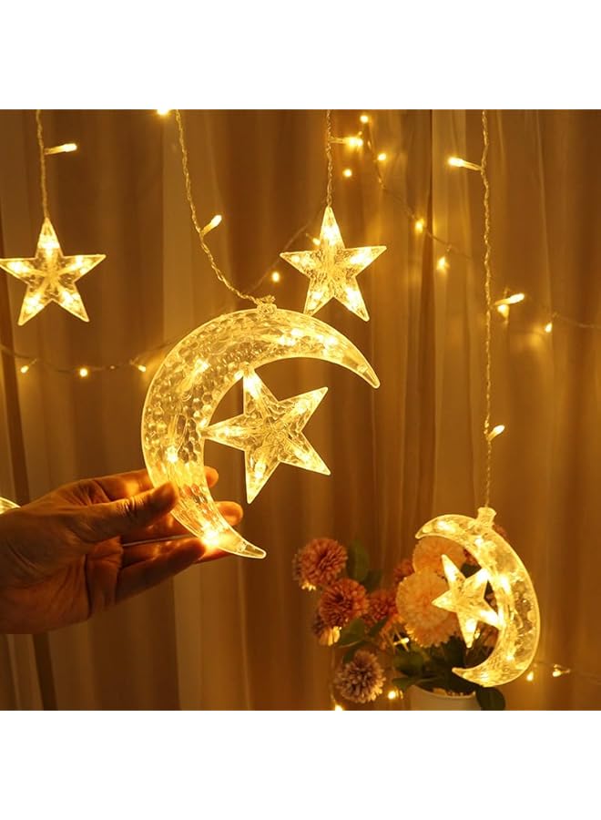 The Bros أضواء ستارة رمضان على شكل نجوم وقمر 138 LED، أضواء ستارة نافذة، قابس USB مع جهاز تحكم عن بعد، 8 أوضاع إضاءة لعيد رمضان وعيد الميلاد وحفلات الزفاف والفناء والحديقة (أبيض دافئ) - Image 3